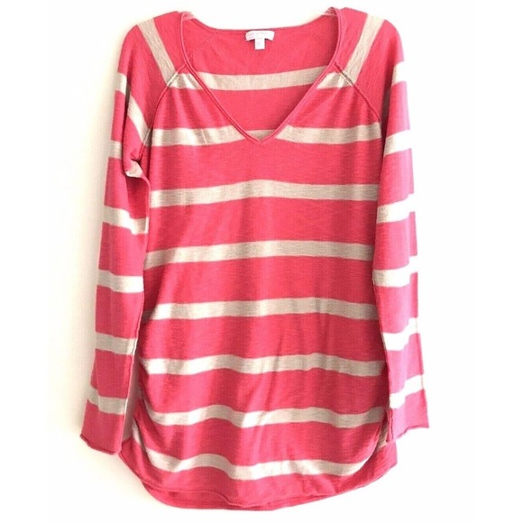 A Pea in The Pod | Womens Sz L Red Side Ruched Stripe Top Long Sleeves Pullover - Picture 1 of 9